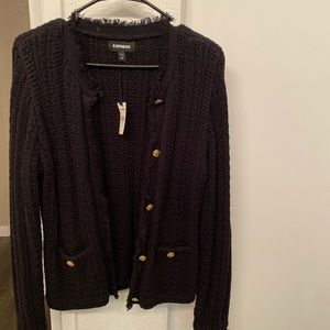 Black knitted button down sweater with gold buttons from Express